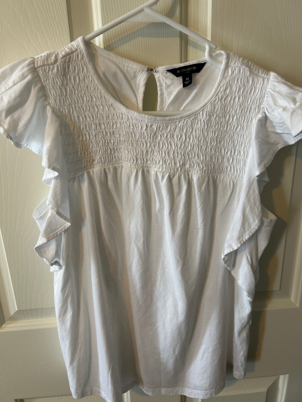 Banana Republic White Smocked Yoke Ruffle Sleeve Top